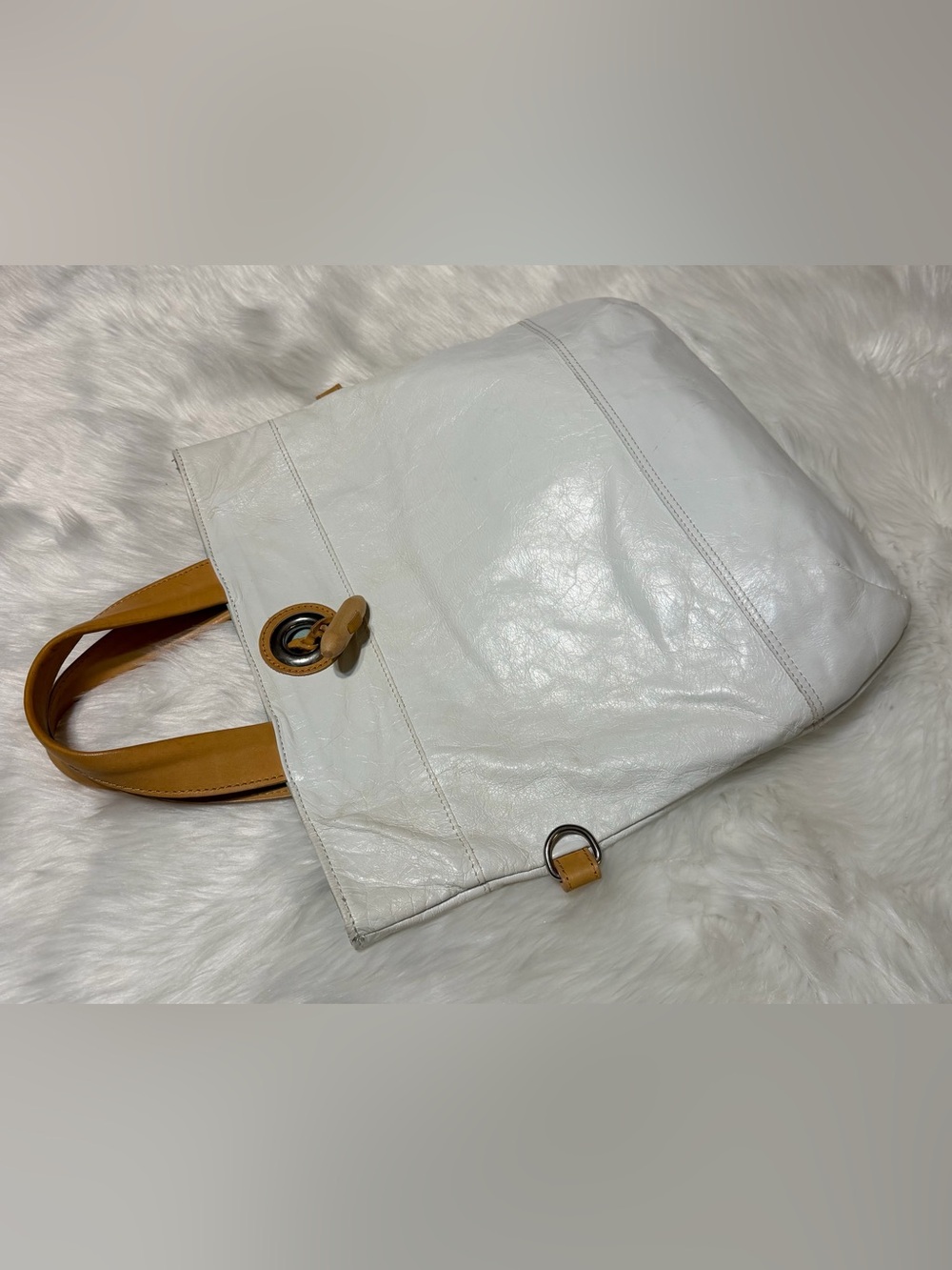 Maurizio Taiuti White Leather Tote with Tan Strap Accents